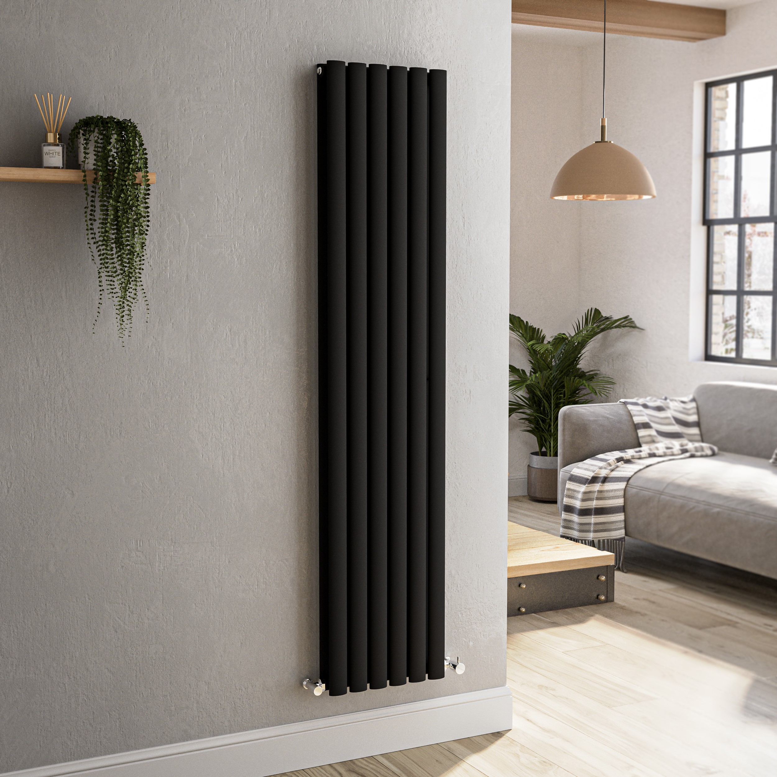 Sorrento Midnight Black Vertical Oval Designer Radiator 1600X354mm Double Panel 3351 Btu