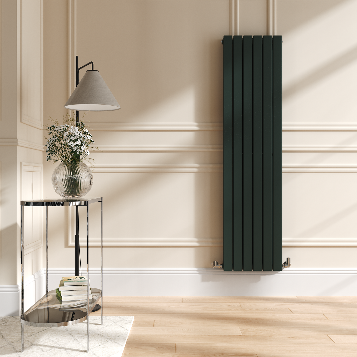 Riace Green Ever Vertical Flat Designer Radiator 1600X408mm Double Panel 3687 Btu