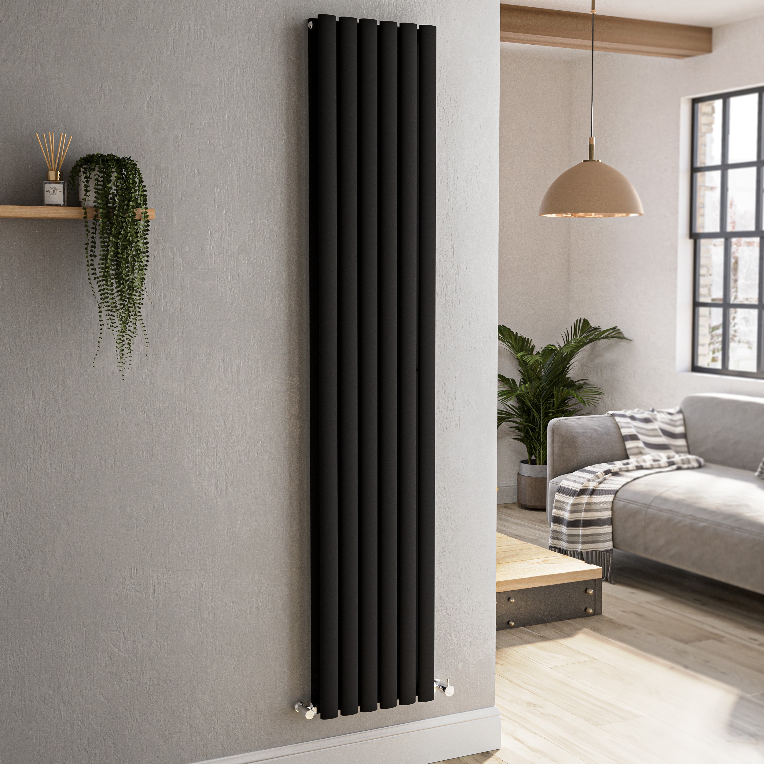 Sorrento Midnight Black Vertical Oval Designer Radiator 1800X354mm Double Panel 3737 Btu
