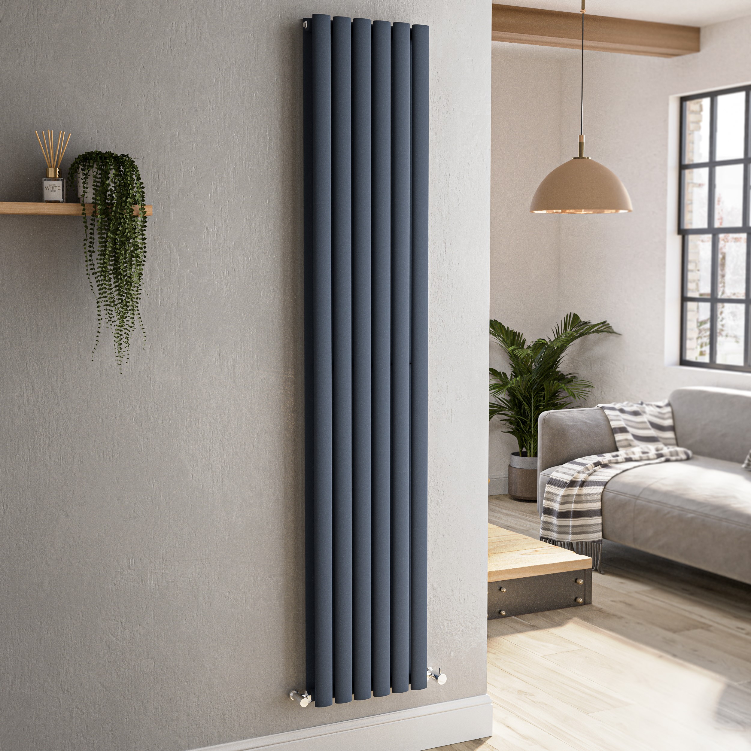 Sorrento Anthracite Vertical Oval Designer Radiator 1800X354mm Double Panel 3737 Btu