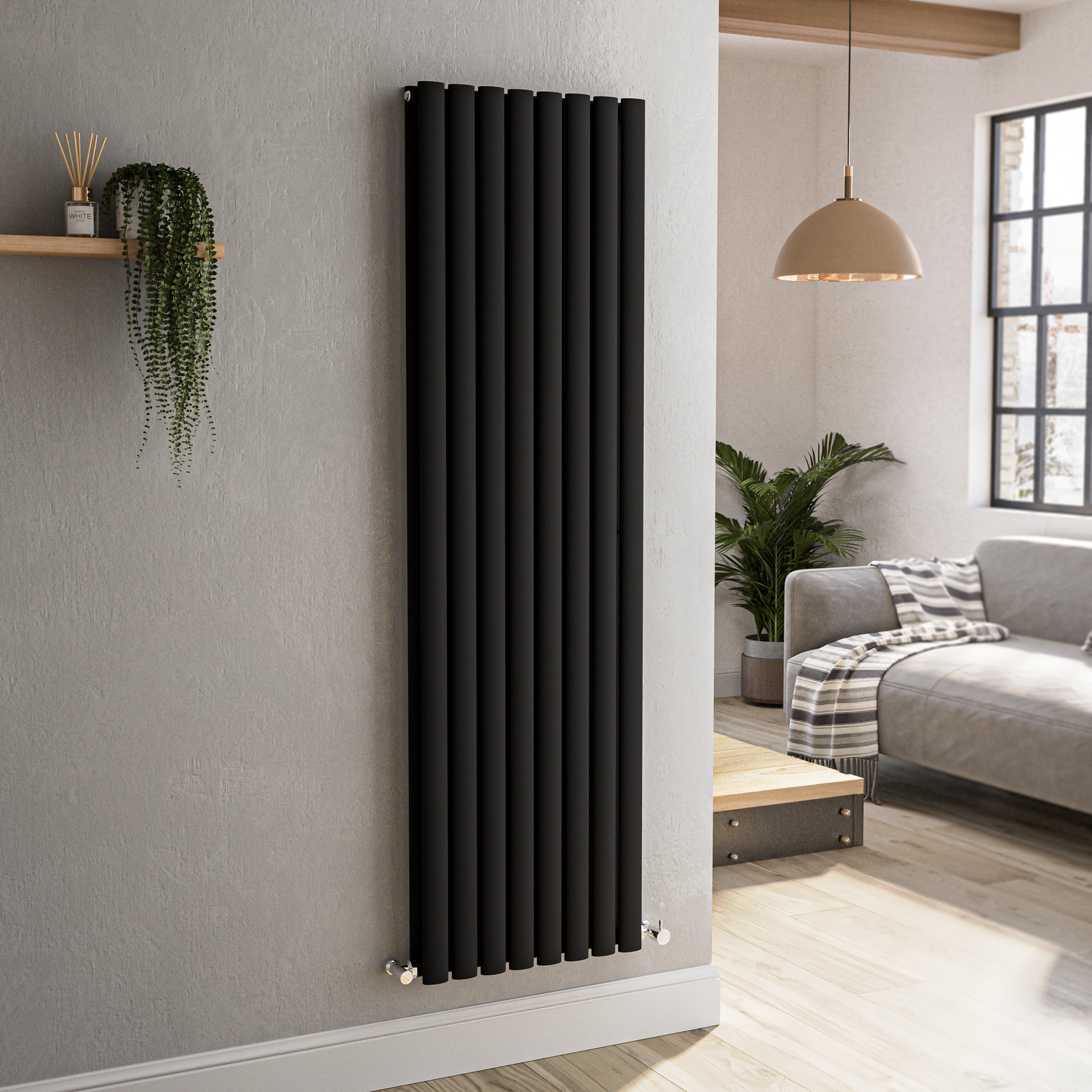 Sorrento Midnight Black Vertical Oval Designer Radiator 1600X472mm Double Panel 4468 Btu
