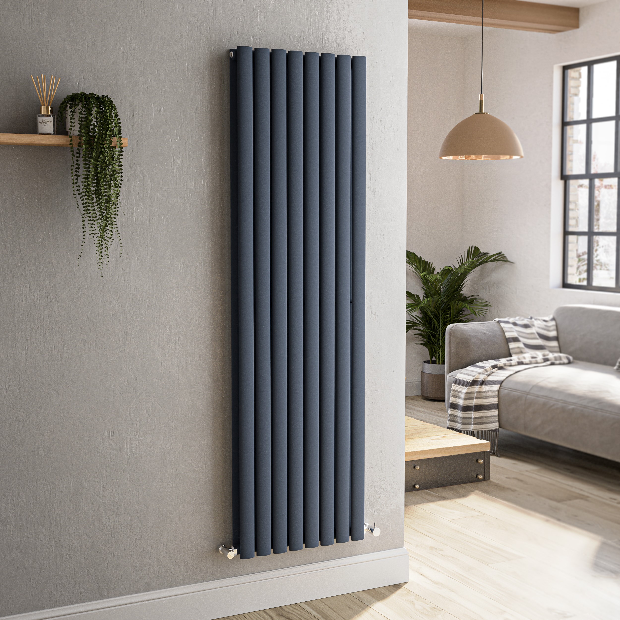 Sorrento Anthracite Vertical Oval Designer Radiator 1600X472mm Double Panel 4468 Btu