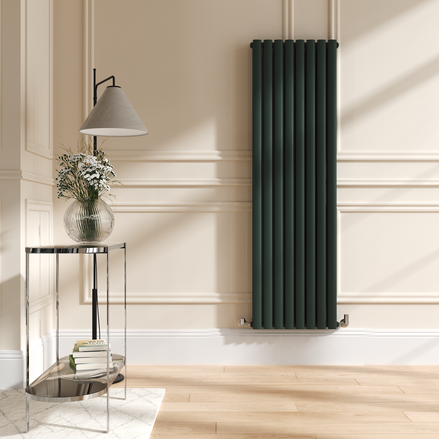 Sorrento Green Ever Vertical Oval Designer Radiator 1600X472mm Double Panel 4468 Btu