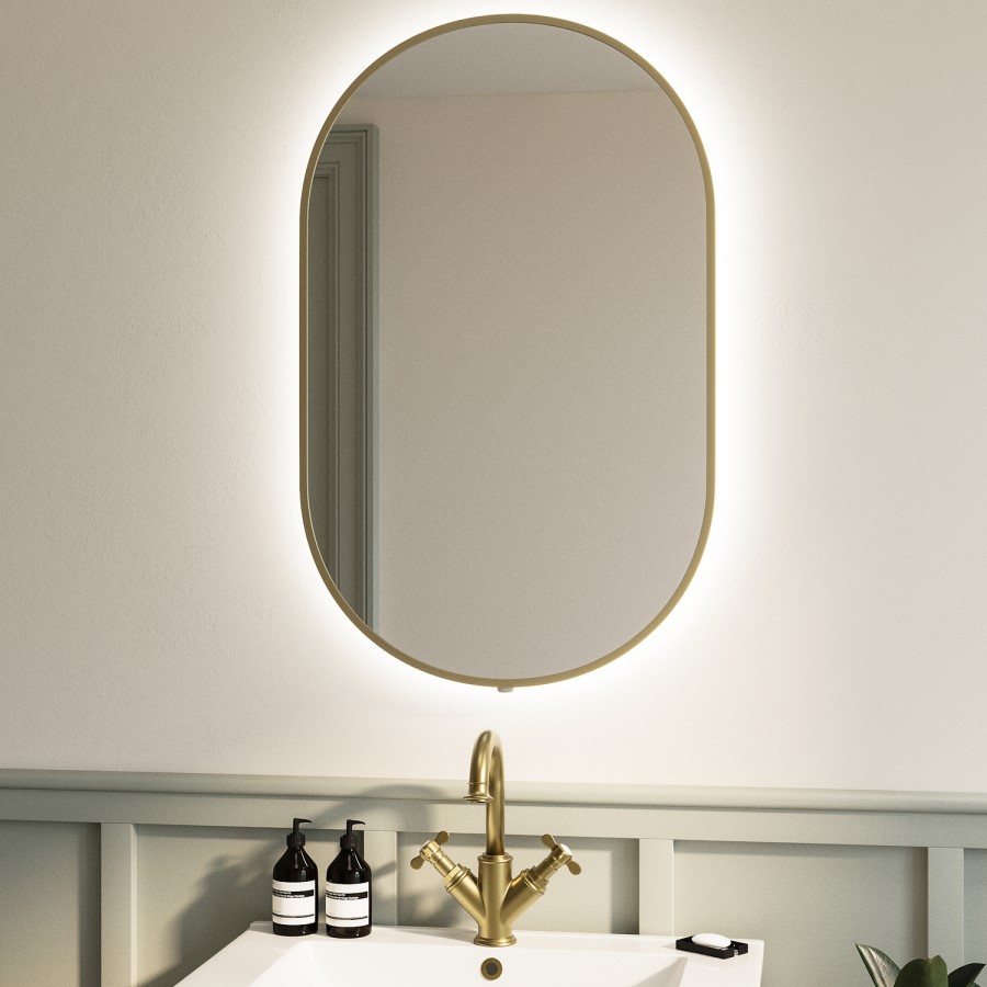 Oval Brass Backlit Bathroom Mirror with Battery Operated Lights 500 x 800mm - Venus