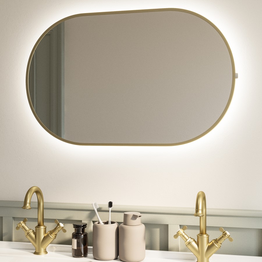 Oval Brass Backlit Bathroom Mirror with Battery Operated Lights 500 x 800mm - Venus