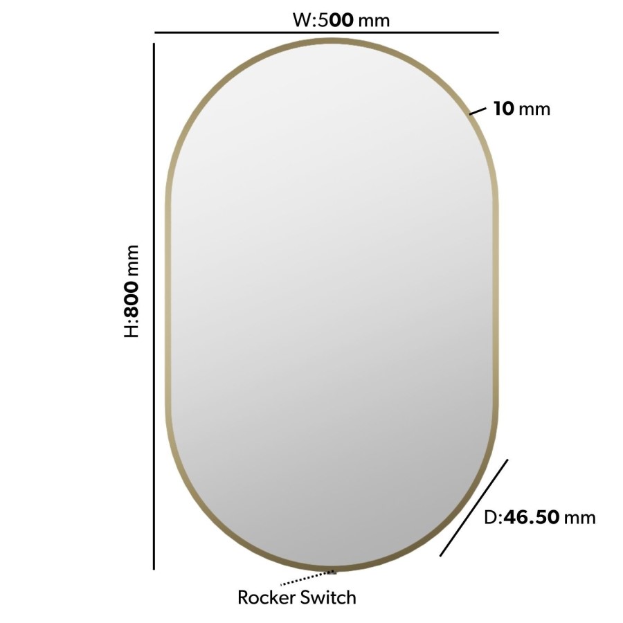 Oval Brass Backlit Bathroom Mirror with Battery Operated Lights 500 x 800mm - Venus