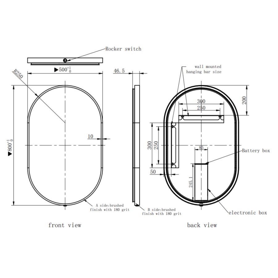 Oval Brass Backlit Bathroom Mirror with Battery Operated Lights 500 x 800mm - Venus
