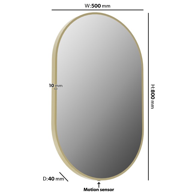 Oval Brass Backlit LED Heated Bathroom Mirror 500 x 800mm - Venus