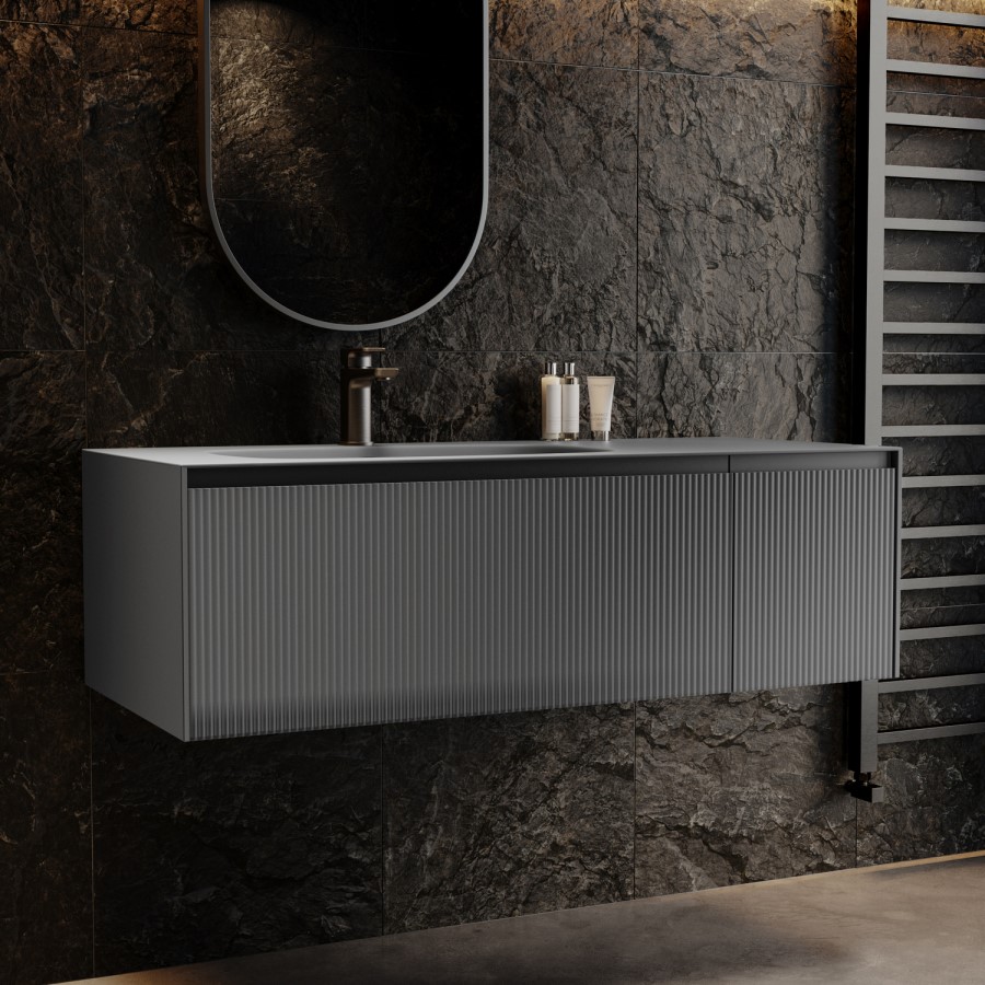 1200mm Grey Fluted Wall Hung Vanity Unit with Aluminium Basin - Venice