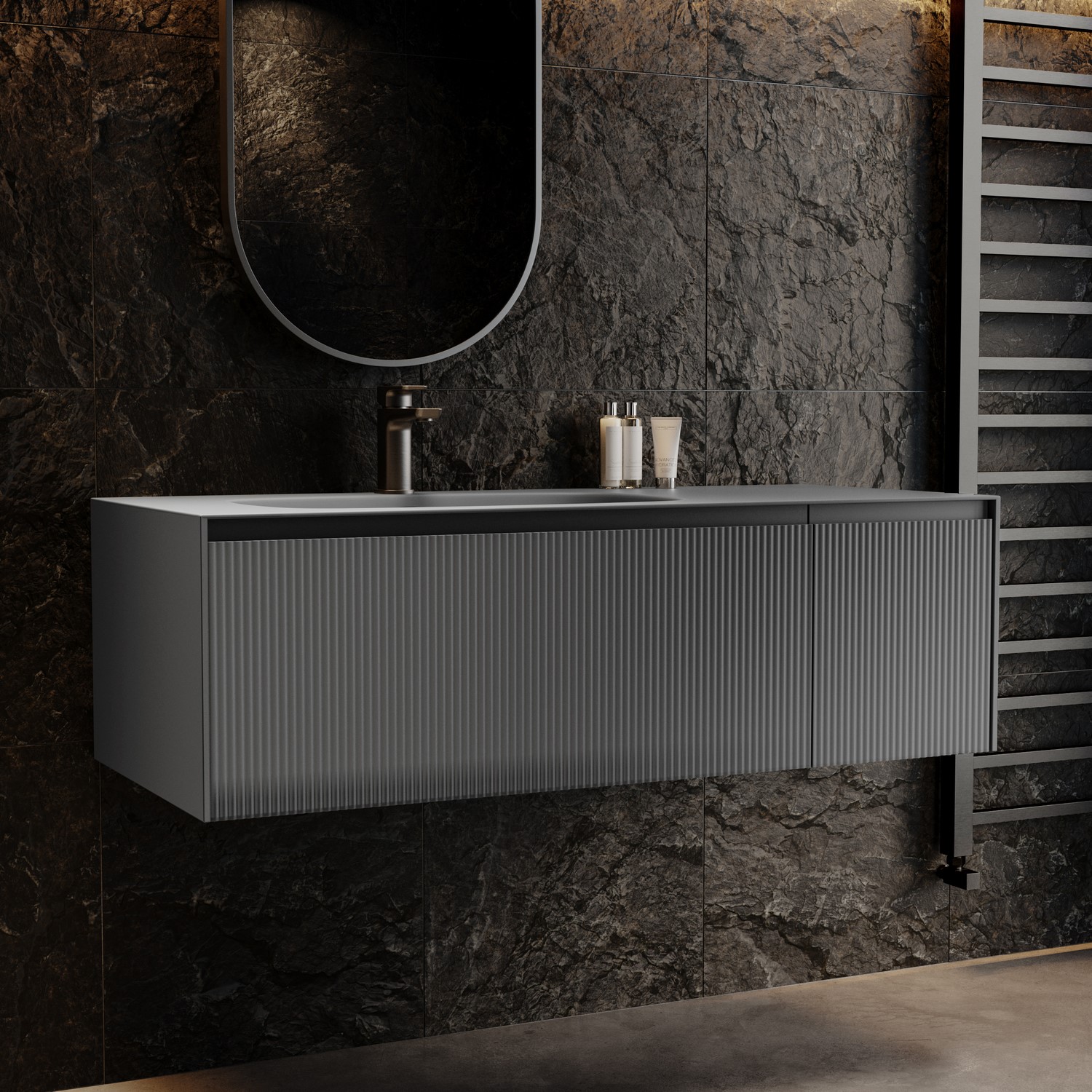 Venice Grey 1200Mm Fluted Wall Hung Vanity Unit With Aluminium Basin