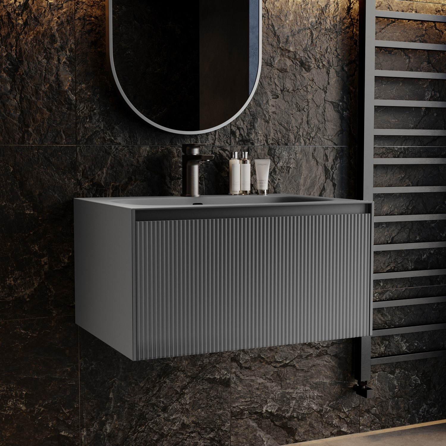 Venice Grey 700Mm Fluted Wall Hung Vanity Unit With Aluminium Basin