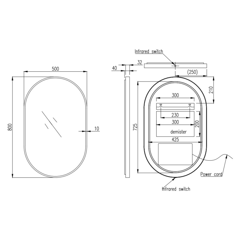 Oval Grey Backlit Heated Bathroom Mirror with Lights 500 x 800mm - Venus