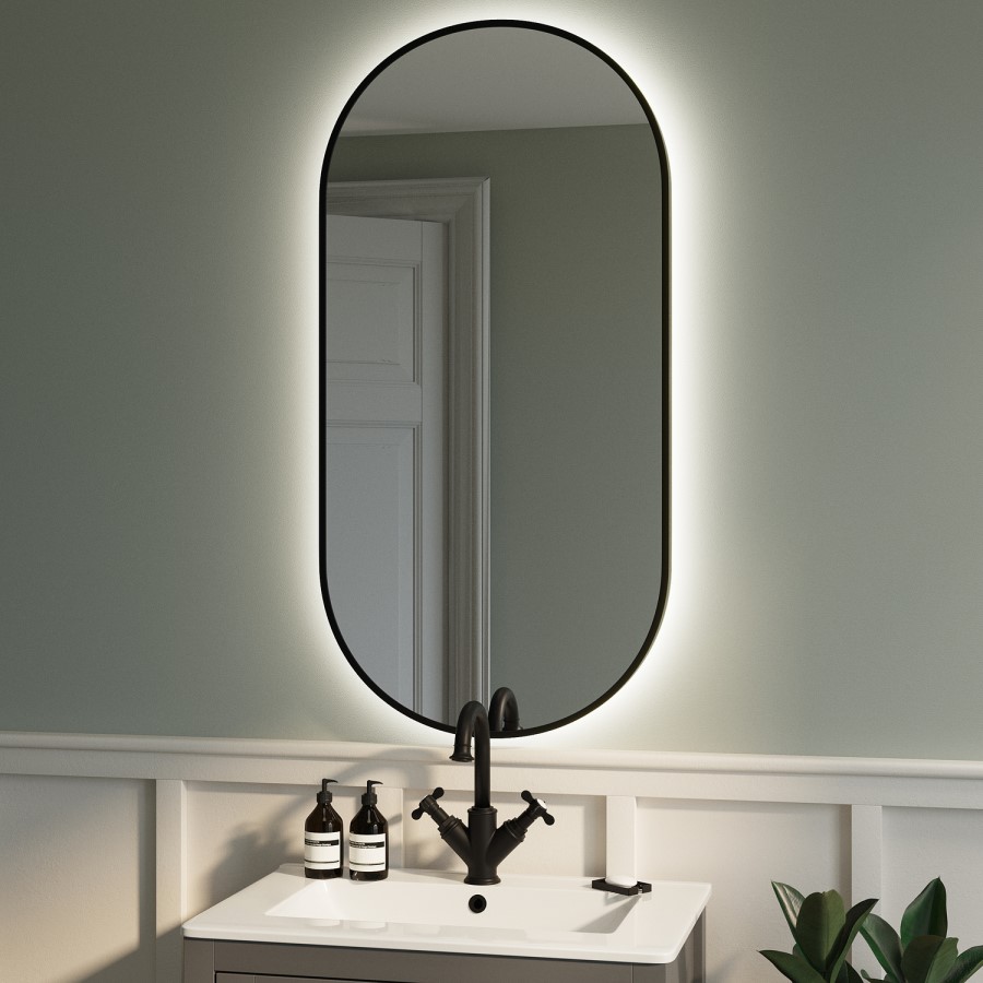 Oval Black Backlit Heated Bathroom Mirror with Lights 500 x 1000mm - Venus