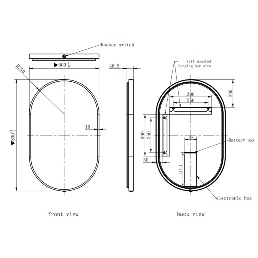 Oval Black Backlit Bathroom Mirror with Battery Operated Lights 500 x 800mm - Venus