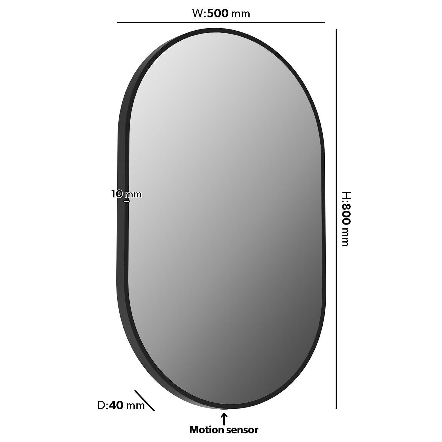 Oval Black Backlit Heated Bathroom Mirror with Lights 500 x 800mm