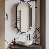 Single Door Oval Black Heated Bathroom Mirror Cabinet with Lights & Socket 900 x 450mm- Venus