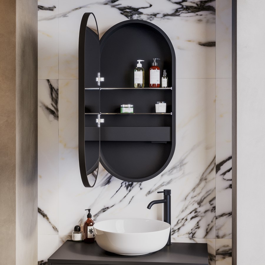 Single Door Oval Black Heated Bathroom Mirror Cabinet with Lights & Socket 900 x 450mm- Venus