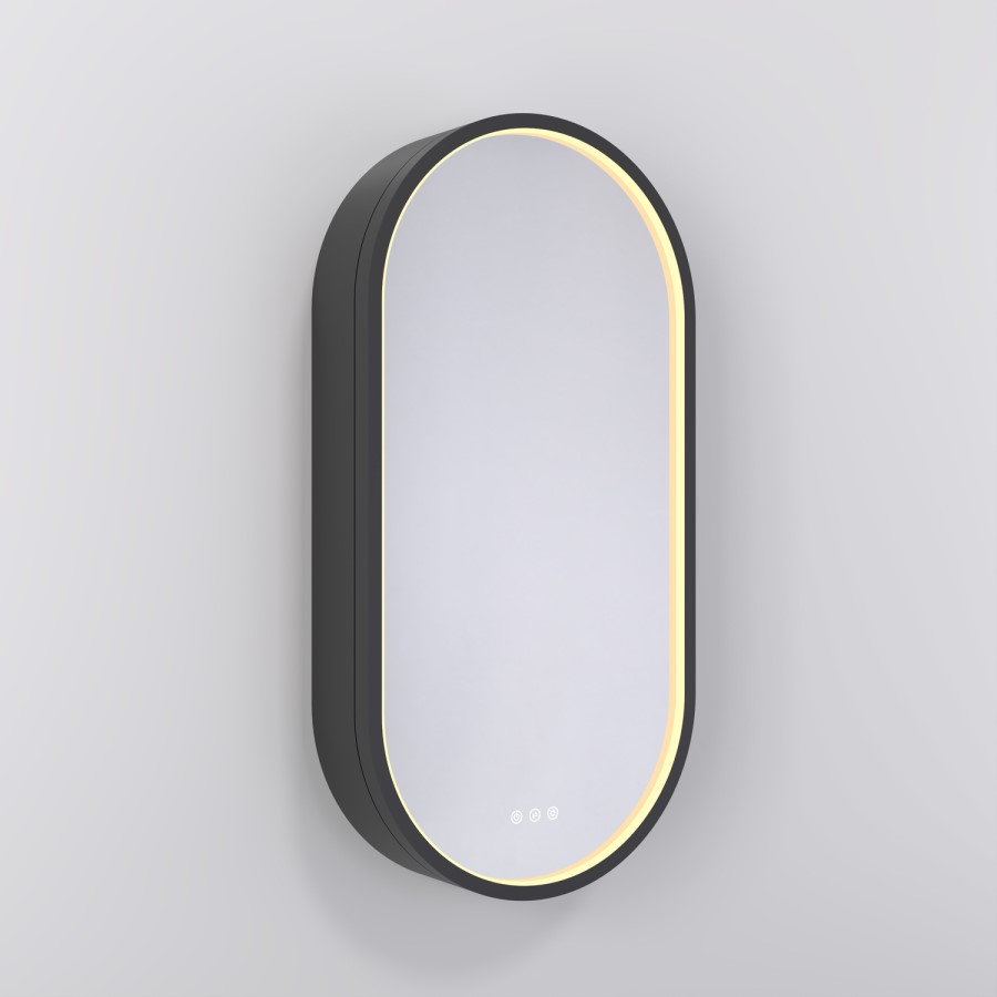 Single Door Oval Black Heated Bathroom Mirror Cabinet with Lights & Socket 900 x 450mm- Venus