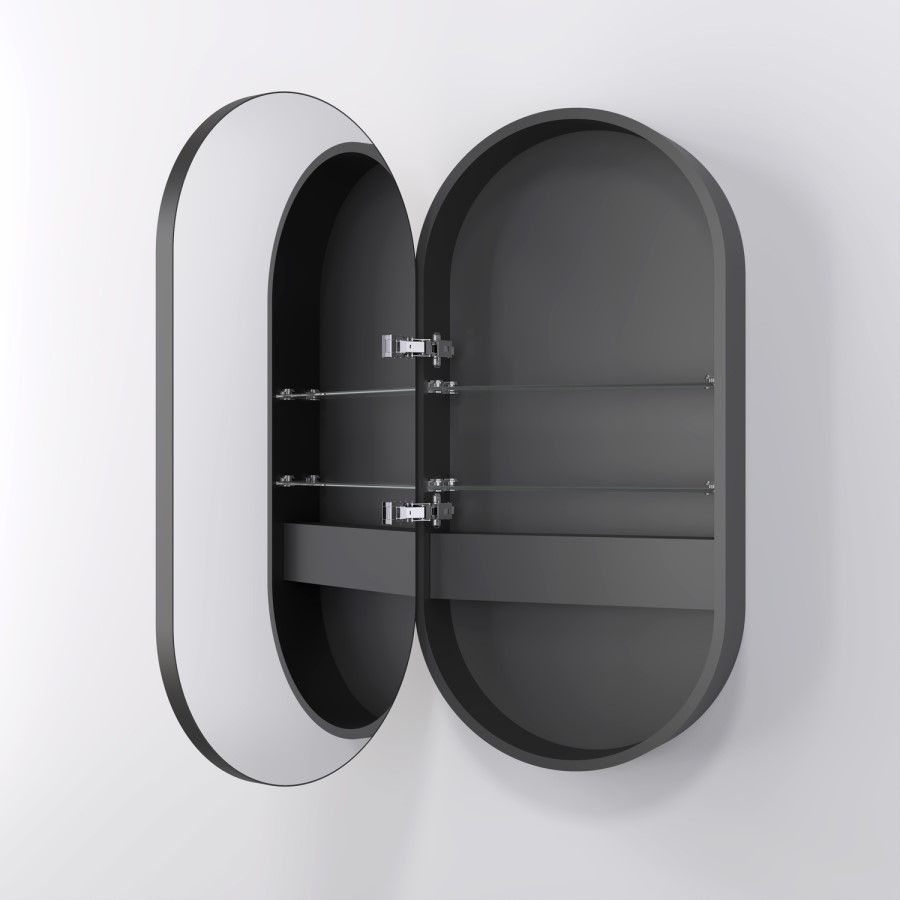 Single Door Oval Black Heated Bathroom Mirror Cabinet with Lights & Socket 900 x 450mm- Venus