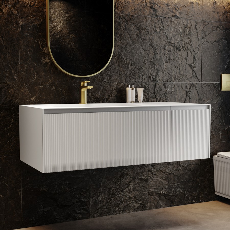 1200mm White Fluted Wall Hung Vanity Unit with Aluminium Basin - Venice