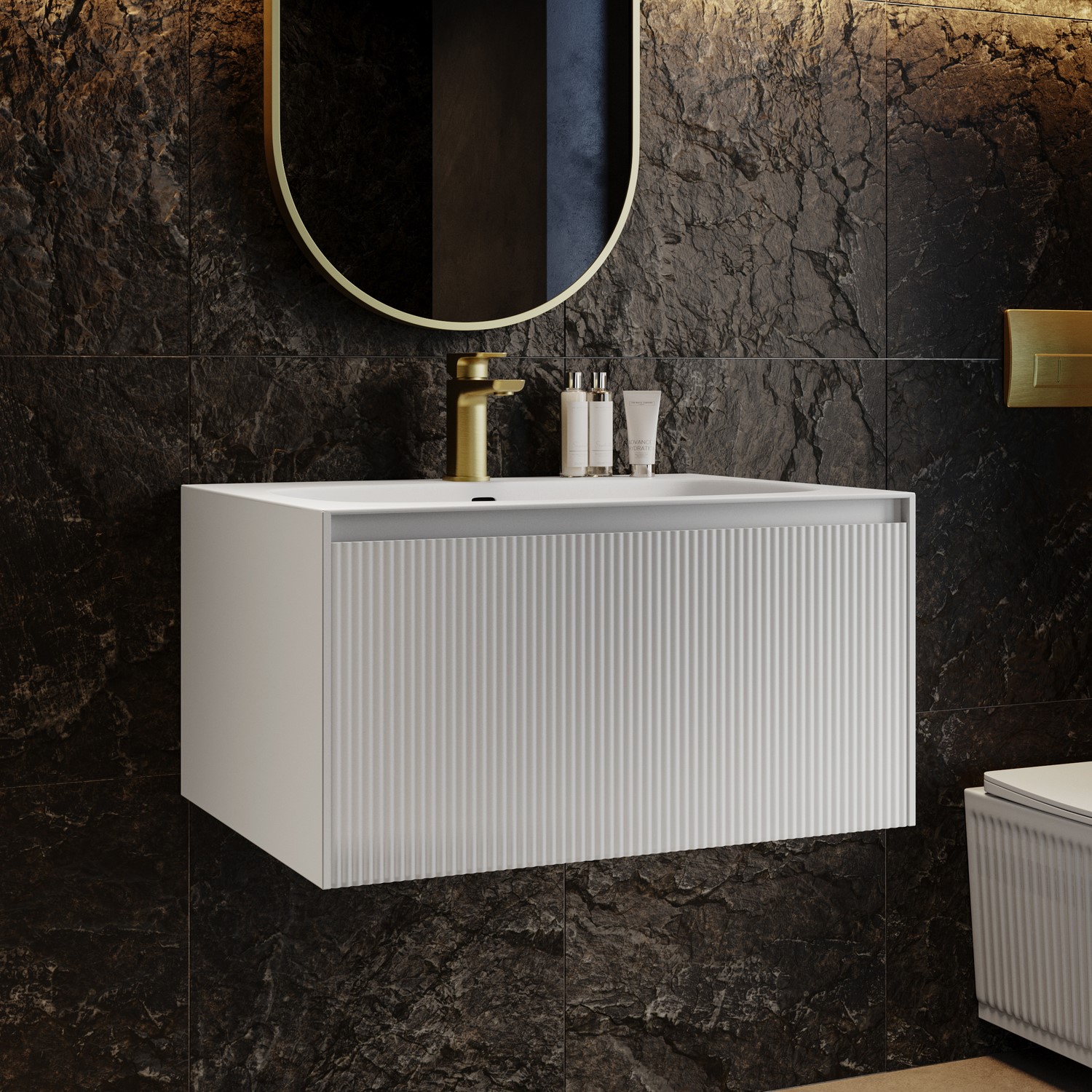 Venice White 700Mm Fluted Wall Hung Vanity Unit With Aluminium Basin