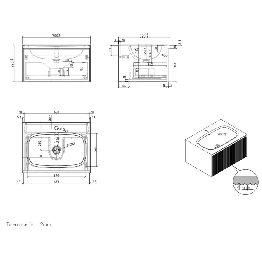 700mm White Fluted Wall Hung Vanity Unit with Aluminium Basin - Venice