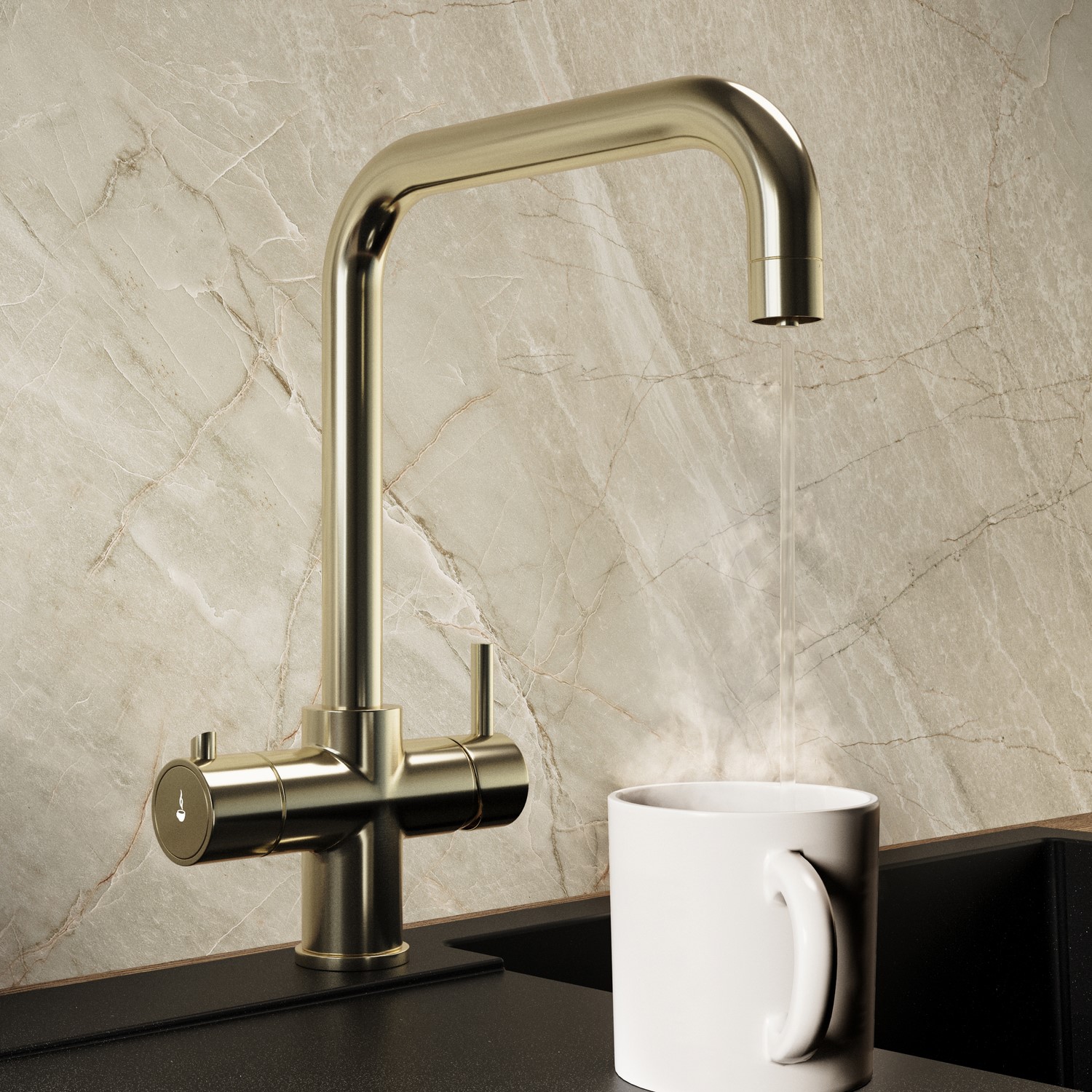 Pronto Brass 4 In 1 Instant Boiling Hot Square Kitchen Mixer Tap With 2.4L Boiler And Filter - Vesta