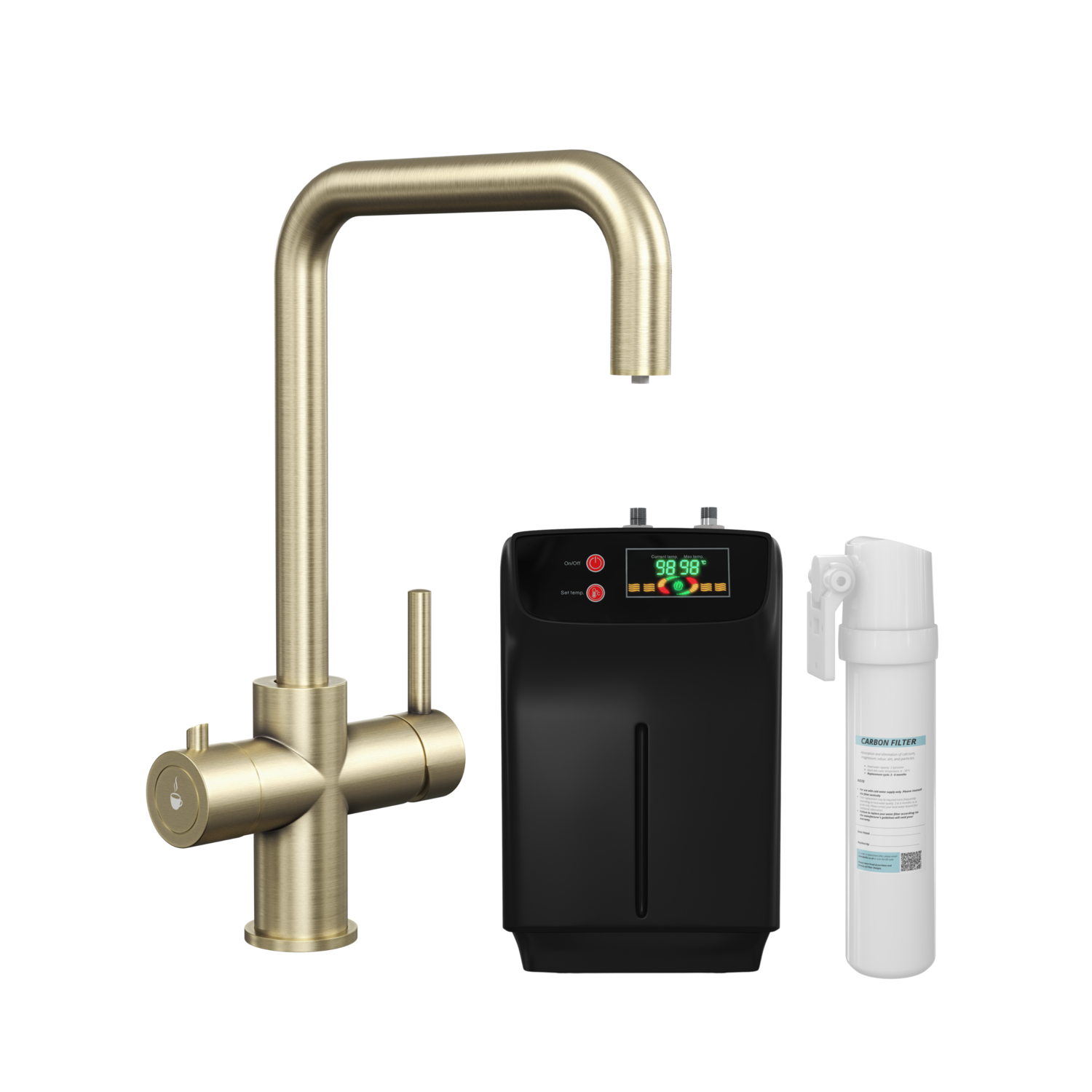 Pronto Brass 4 In 1 Instant Boiling Hot Square Kitchen Mixer Tap With 2.4L Boiler And Filter - Vesta