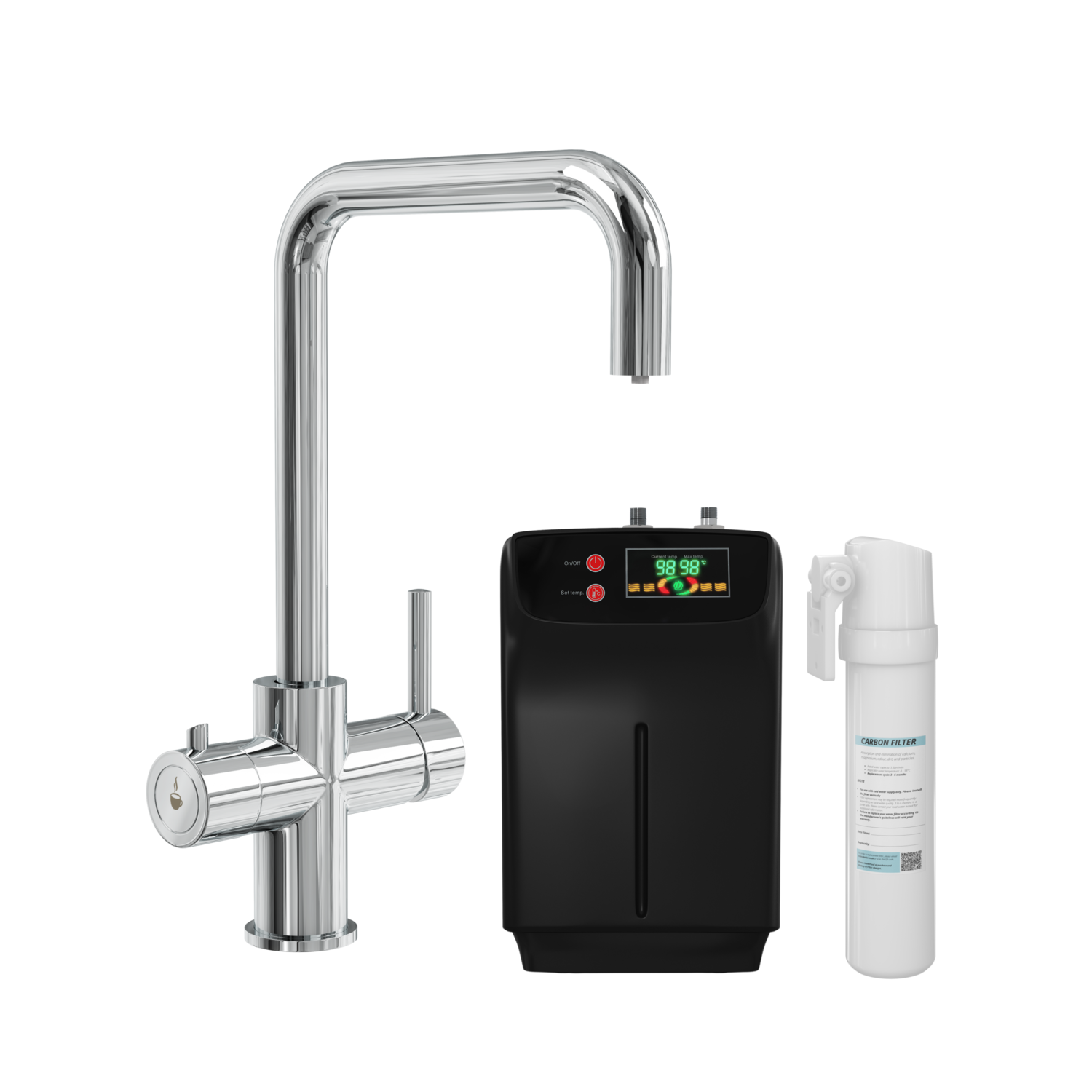 Pronto Chrome 3 In 1 Square Instant Boiling Hot Kitchen Mixer Tap With 3L Boiler And Filter - Vesta