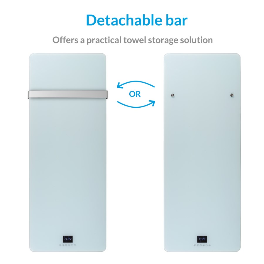 Low Energy 850w Infrared Designer Glass Wall Mounted Heater with Towel Rail and Smart WiFi Alexa - IP24 Bathroom Safe