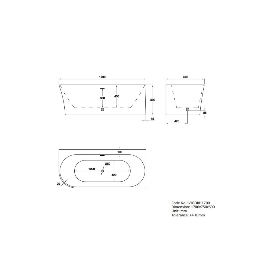 Freestanding Double Ended Right Hand Corner Bath 1700 x 750mm - Vigo