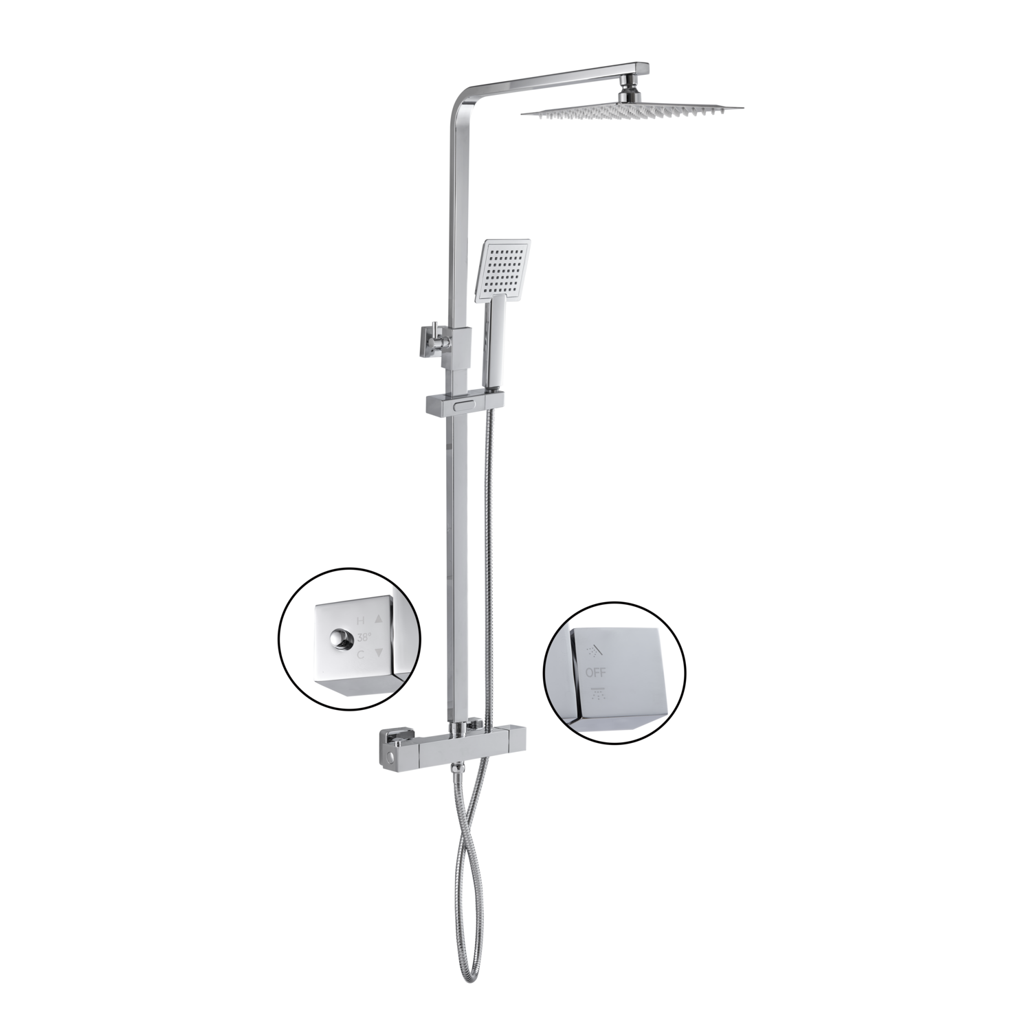 Bathroom House Modern Chrome Square Thermostatic Shower Mixer Kit – Rigid Riser Dual Bar Valve – 200mm Rain Head