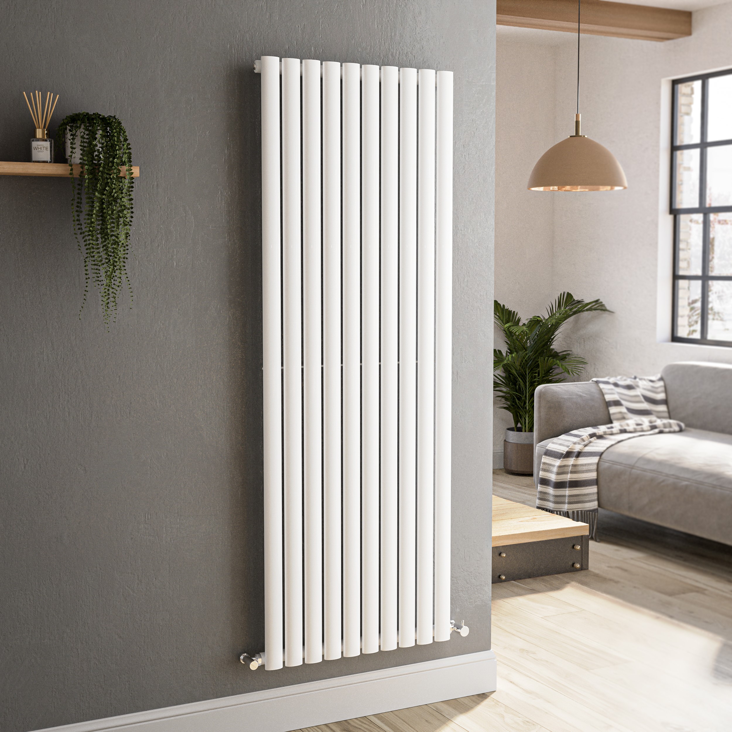 Sorrento White Vertical Oval Designer Radiator 1600X590mm Single Panel 3804 Btu