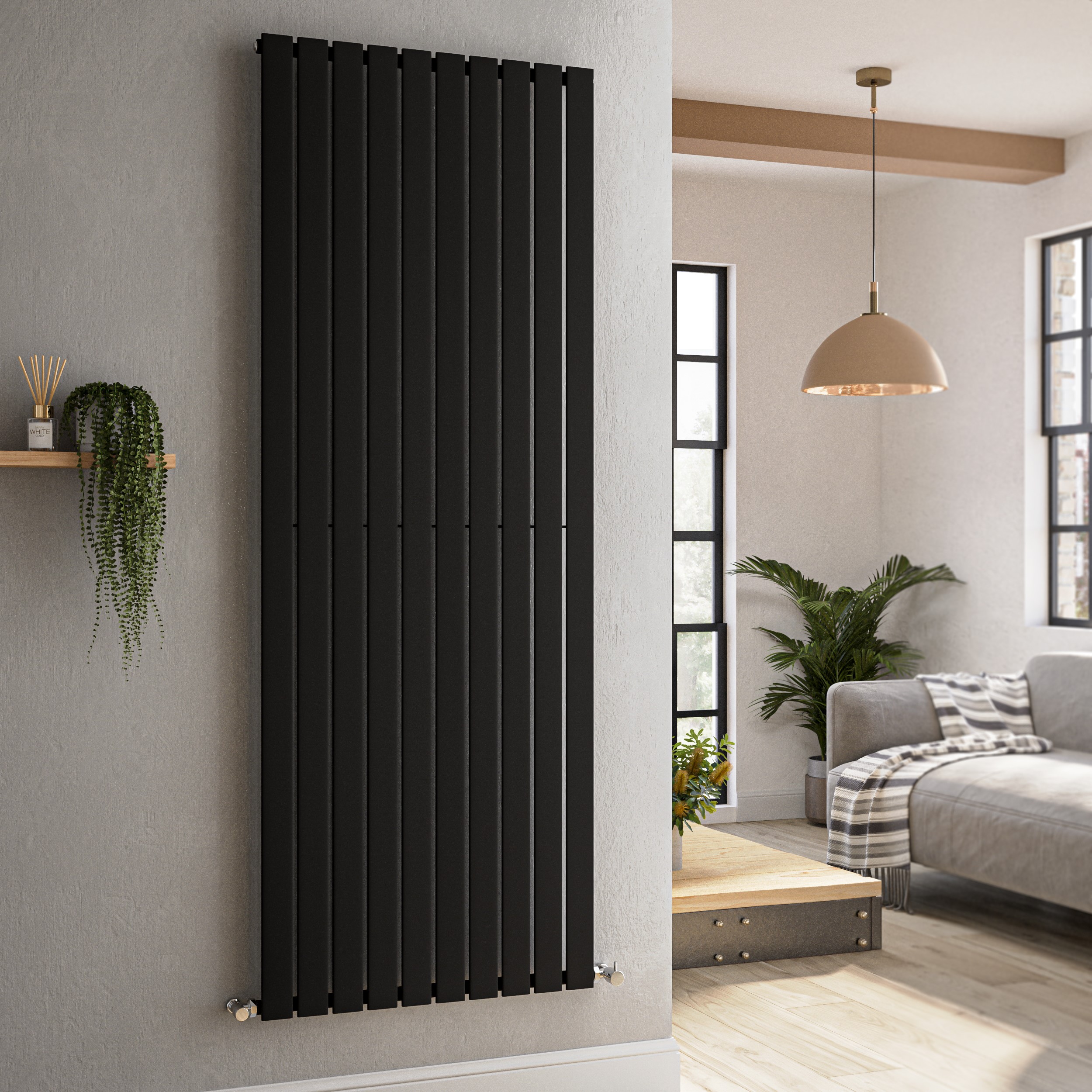 Riace Midnight Black Vertical Flat Designer Radiator 1800X680mm Single Panel 4509 Btu