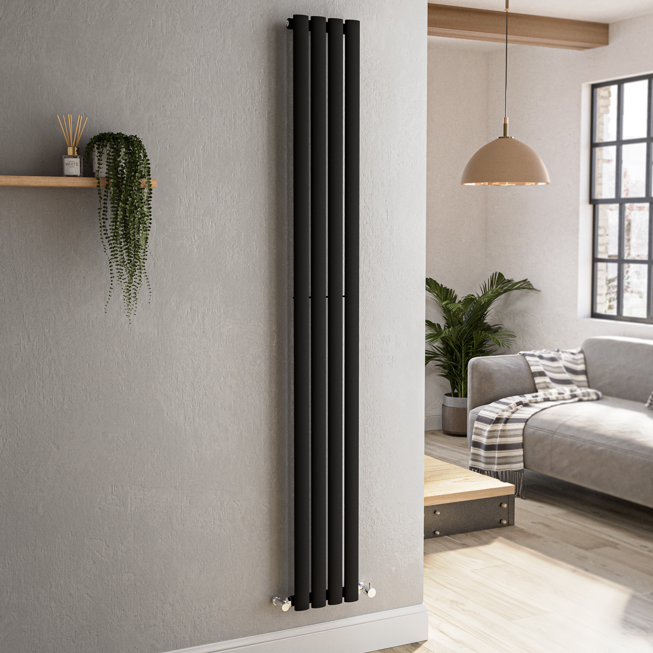 Sorrento Midnight Black Vertical Oval Designer Radiator 1800X236mm Single Panel 1686 Btu