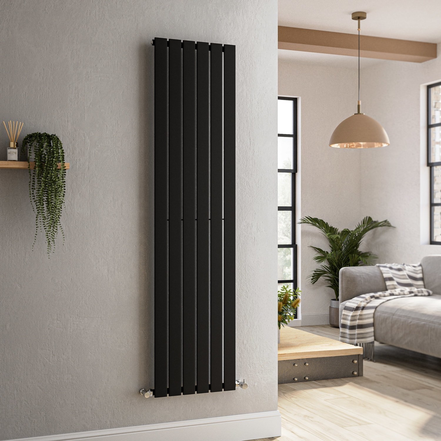 Riace Black Midnight Vertical Flat Designer Radiator 1600X408mm Single Panel 2442 Btu
