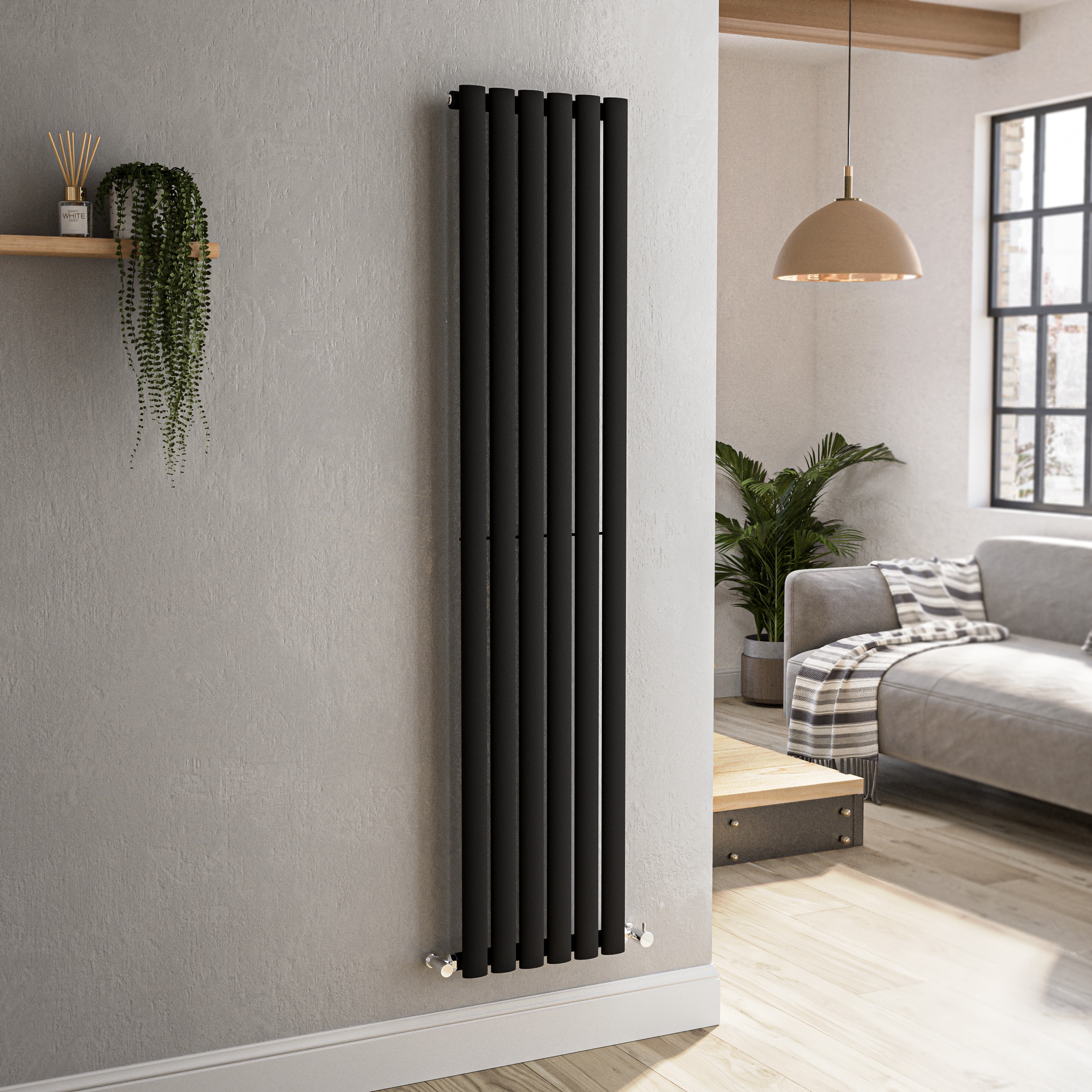 Sorrento Midnight Black Vertical Oval Designer Radiator 1600X354mm Single Panel 2282 Btu
