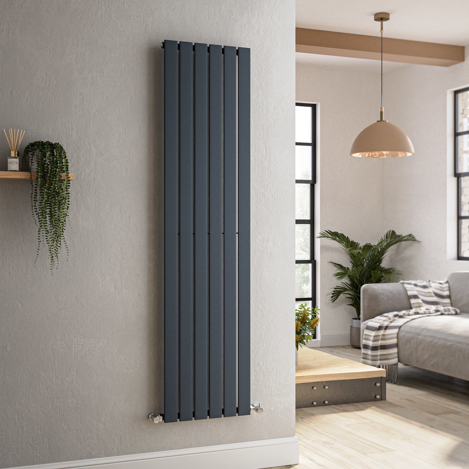 Riace Anthracite Vertical Flat Designer Radiator 1600X408mm Single Panel 2442 Btu