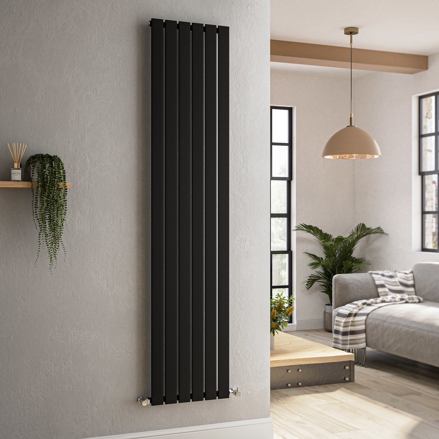 Riace Midnight Black Vertical Flat Designer Radiator 1800X408mm Single Panel 2705 Btu