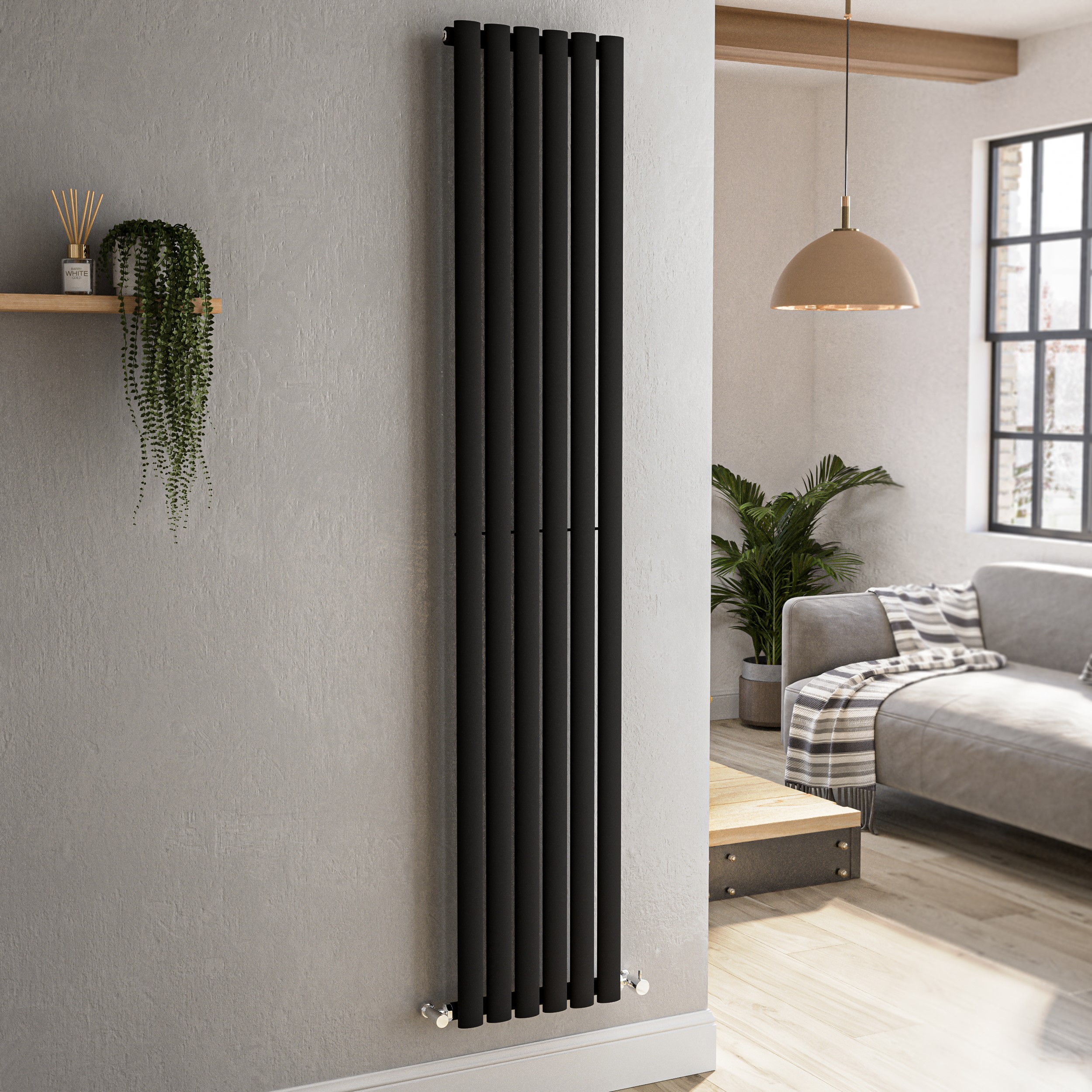 Sorrento Midnight Black Vertical Oval Designer Radiator 1800X354mm Single Panel 2530 Btu