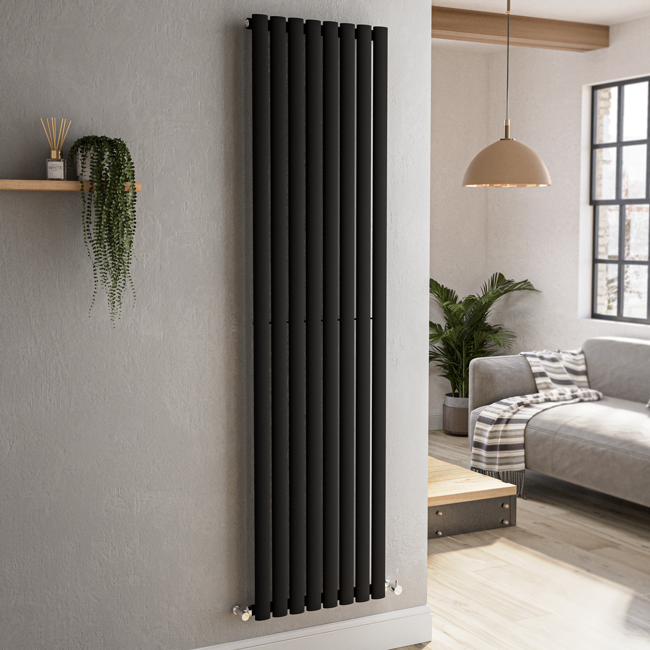 Sorrento Midnight Black Vertical Oval Designer Radiator 1800X472mm Single Panel 3373 Btu