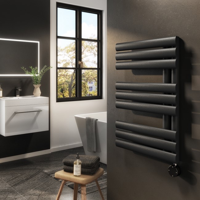 Midnight Black Electric Towel Radiator 0.6kW with Wifi Thermostat - H650xW450mm - IPX4 Bathroom Safe