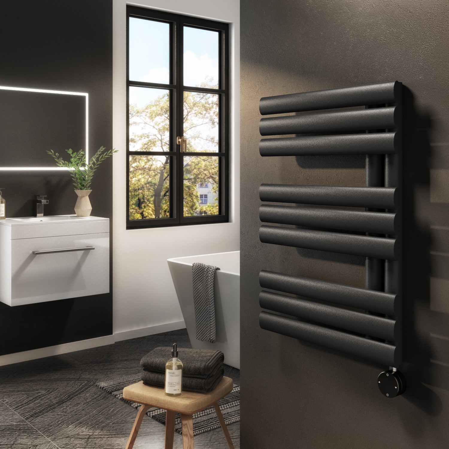 Electriq Black Midnight Smart Electric Towel Radiator With Wi-Fi Thermostat - 600W - H650xw450mm - Bathroom Safe