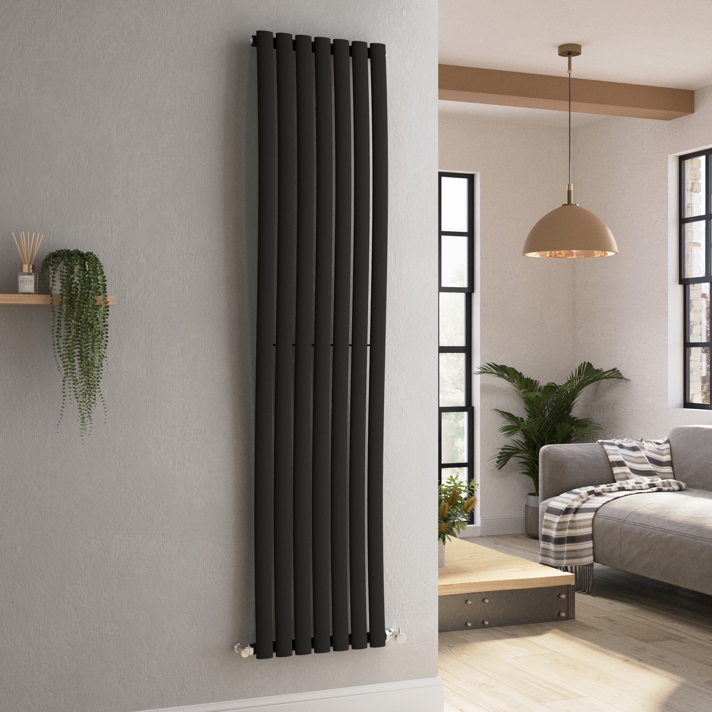 Onda Midnight Black Vertical Oval Waved Designer Radiator 1800X413mm Single Panel 2926 Btu