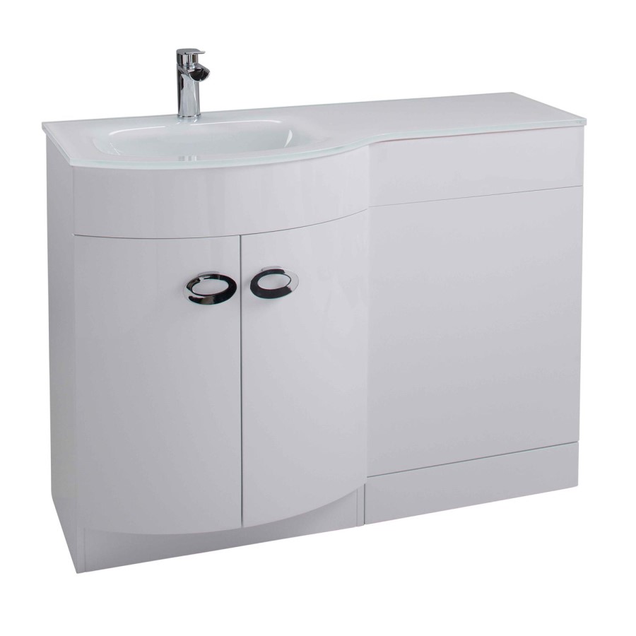 Curved White Left Hand Bathroom Vanity Unit & Glass Basin - Without Toilet