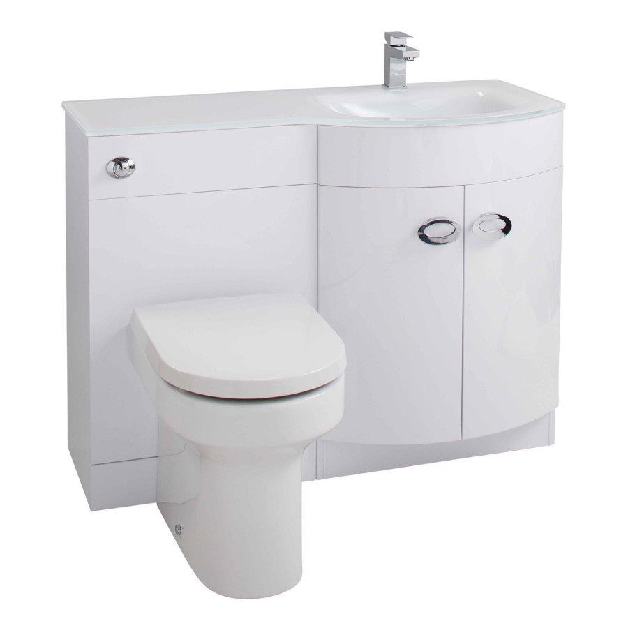 Curved White Right Hand Bathroom Vanity Unit & Glass Basin - Without Toilet