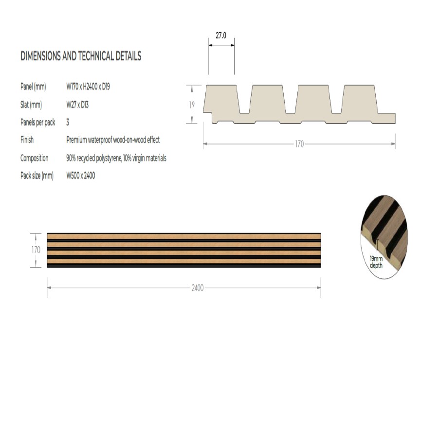 Pack of 3 Waterproof Walnut Slatted Wall Panels 2400 x 170 x 19mm