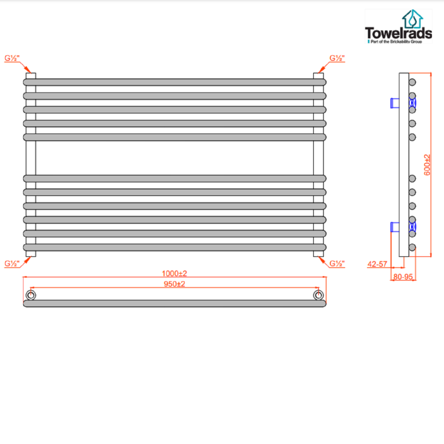 Towelrads Irido Anthracite Horizontal Towel Radiator 600 x 1000mm