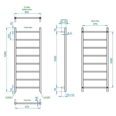 Diva Polished Stainless Steel Heated Towel Rail - 1200 x 500mm