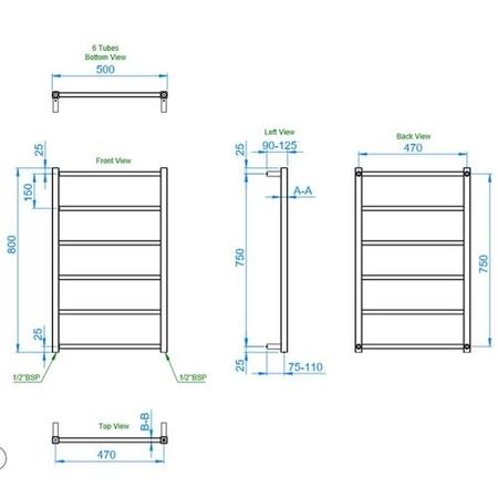 Diva Brushed Stainless Steel Heated Towel Rail - 800 x 500mm
